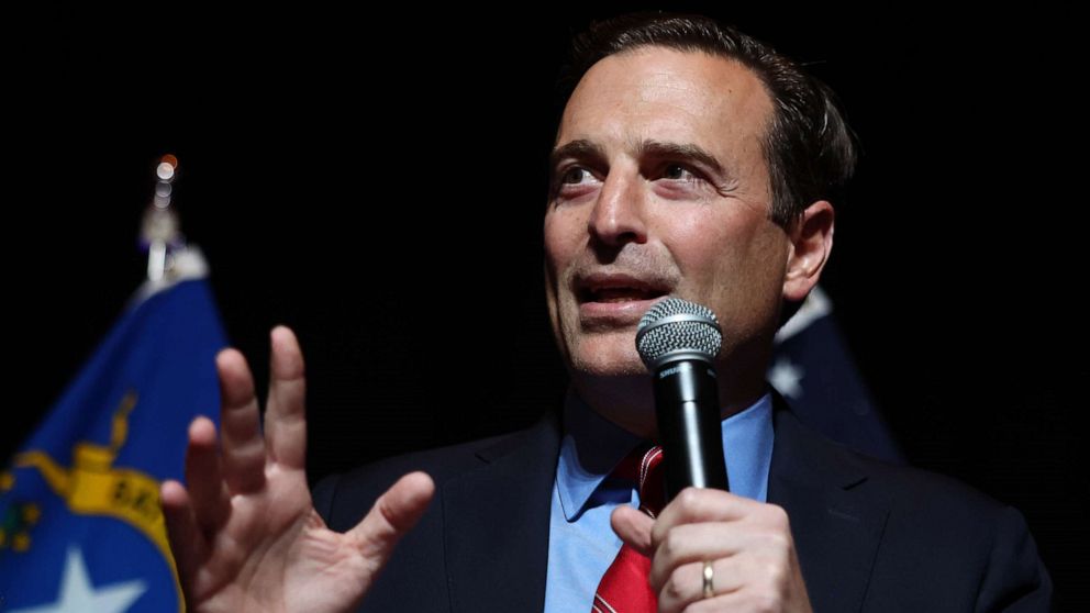 PHOTO: Nevada Republican Senate nominee Adam Laxalt speaks at a Republican midterm election night party at Red Rock Casino on Nov. 8, 2022, in Las Vegas.