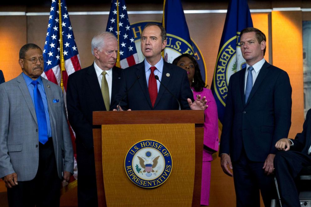 PHOTO: Rep. Adam Schiff speaks during a news conference on President Donald Trump's meeting with Russian President Vladimir Putin in Helsinki at Capitol Hill in Washington, July 17, 2018.