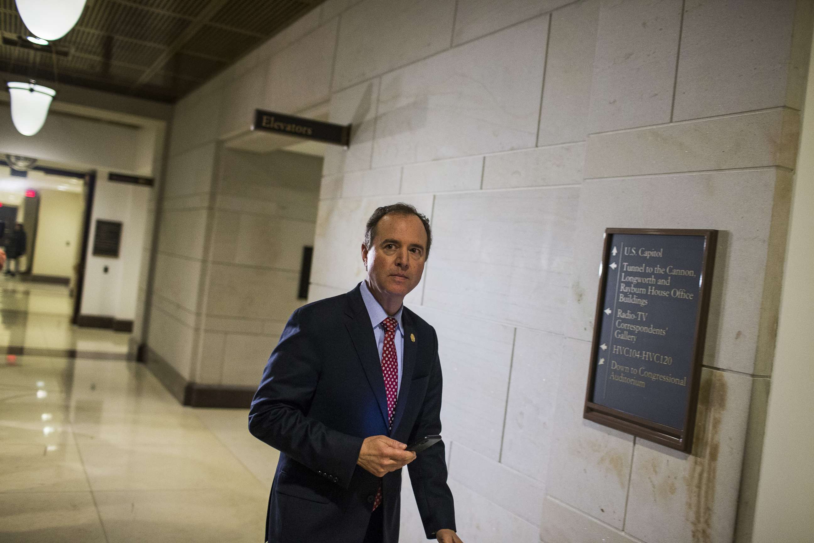 PHOTO: Rep. Adam Schiff leaves after testimony by Steve Bannon, not pictured, on Capitol Hill in Washington, D.C., Jan. 16, 2018.