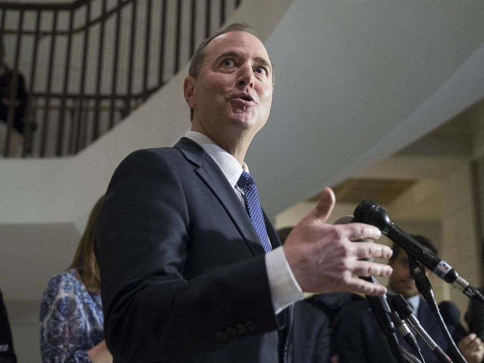 PHOTO: Rep. Adam Schiff, ranking member of the House Committee on Intelligence, delivers remarks to members of the news media following a meeting of the House Permanent Select Committee on Intelligence, on Capitol Hill in Washington, D.C., Feb. 6, 2018.