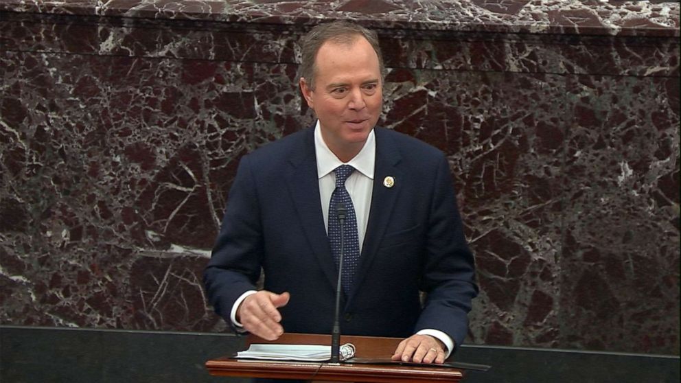 PHOTO: Adam Schiff speaks on the Senate floor during the impeachment trial of President Donald Trump, Jan. 22, 2020, in Washington, DC.