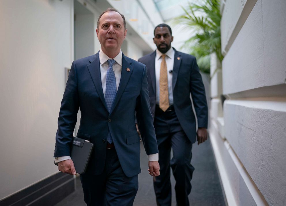 PHOTO: Rep. Adam Schiff arrives to meet with fellow Democrats at the Capitol in Washington, Feb. 5, 2020.