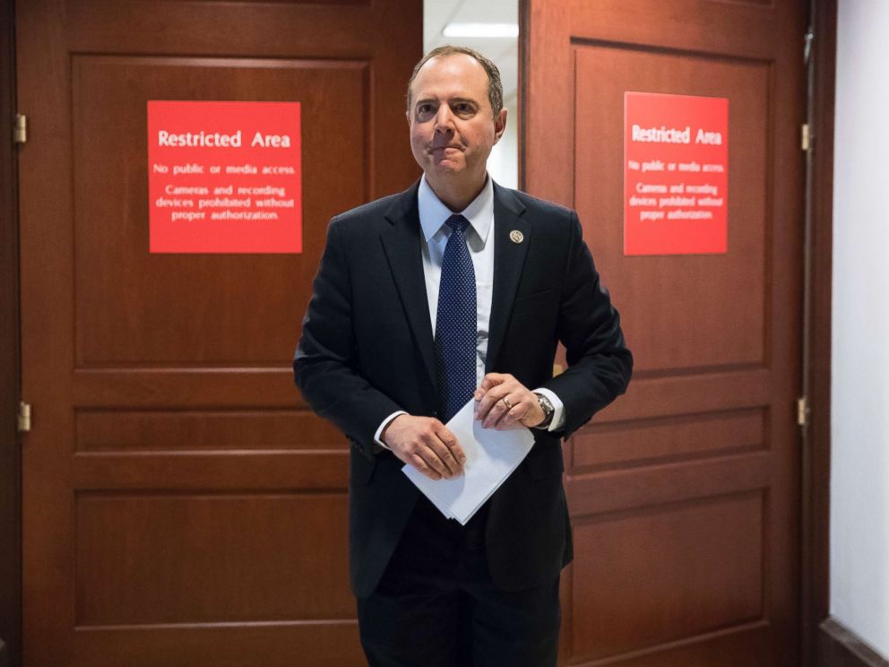 PHOTO: Rep. Adam Schiff, ranking member of the House Permanent Select Committee on Intelligence, leaves a secure area where the panel meets at the Capitol in Washington, D.C., Feb. 5, 2018.
