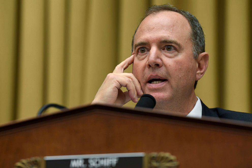 PHOTO: House Intelligence Committee Chairman Adam Schiff speaks during a hearing with former special counsel Robert Mueller on Capitol Hill in Washington, D.C., July 24, 2019.
