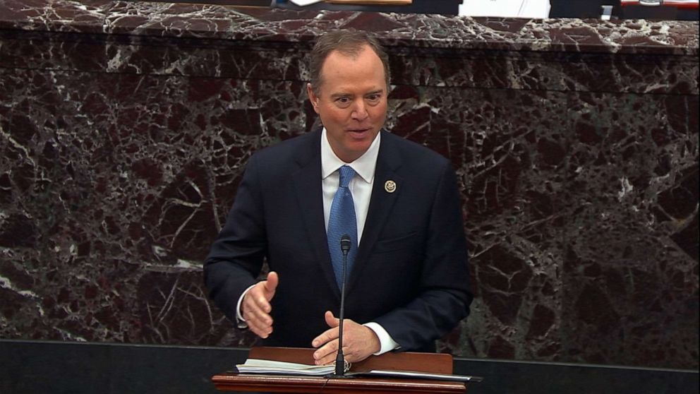 PHOTO: Adam Schiff speaks on the Senate floor during the impeachment trial of President Donald Trump, Jan. 23, 2020, in Washington, DC.