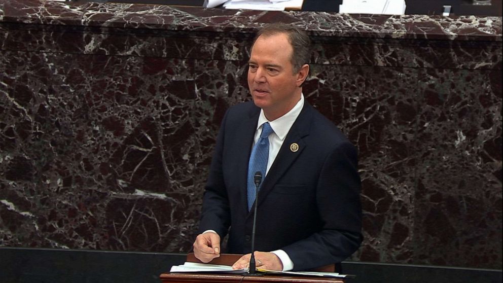 PHOTO: Adam Schiff speaks on the Senate floor during the impeachment trial of President Donald Trump, Jan. 23, 2020, in Washington, DC.