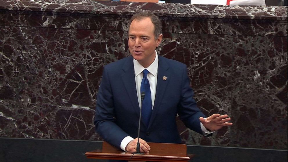 PHOTO: Adam Schiff speaks on the Senate floor during the impeachment trial of President Donald Trump, Jan. 29, 2020, in Washington, DC.