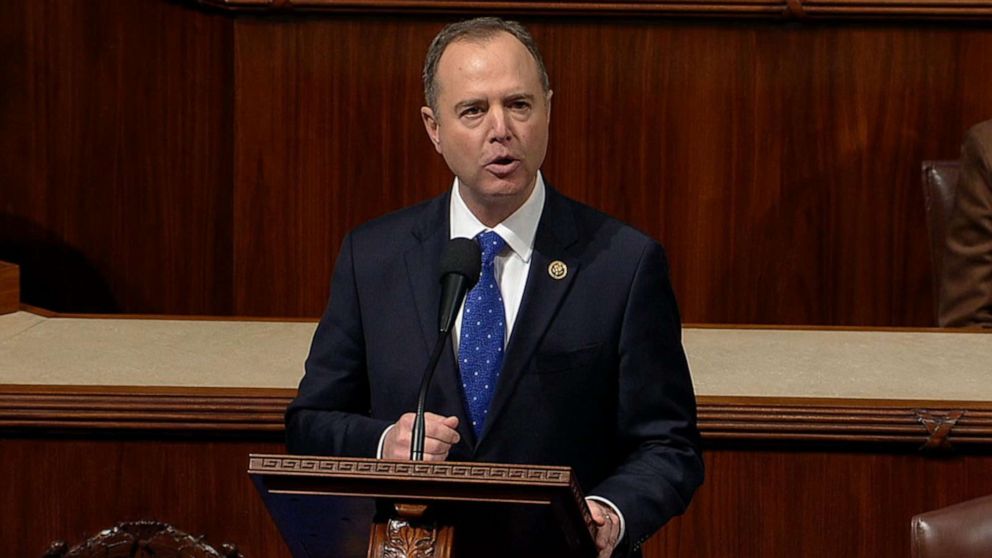 PHOTO: House Intelligence Committee Chairman Adam Schiff speaks on the House floor during a debate on the impeachment articles against President Donald Trump in Washington, Dec. 18, 2019.