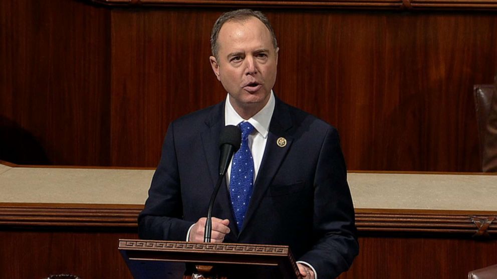 PHOTO: House Intelligence Committee Chairman Adam Schiff speaks on the House floor during a debate on the impeachment articles against President Donald Trump in Washington, Dec. 18, 2019.