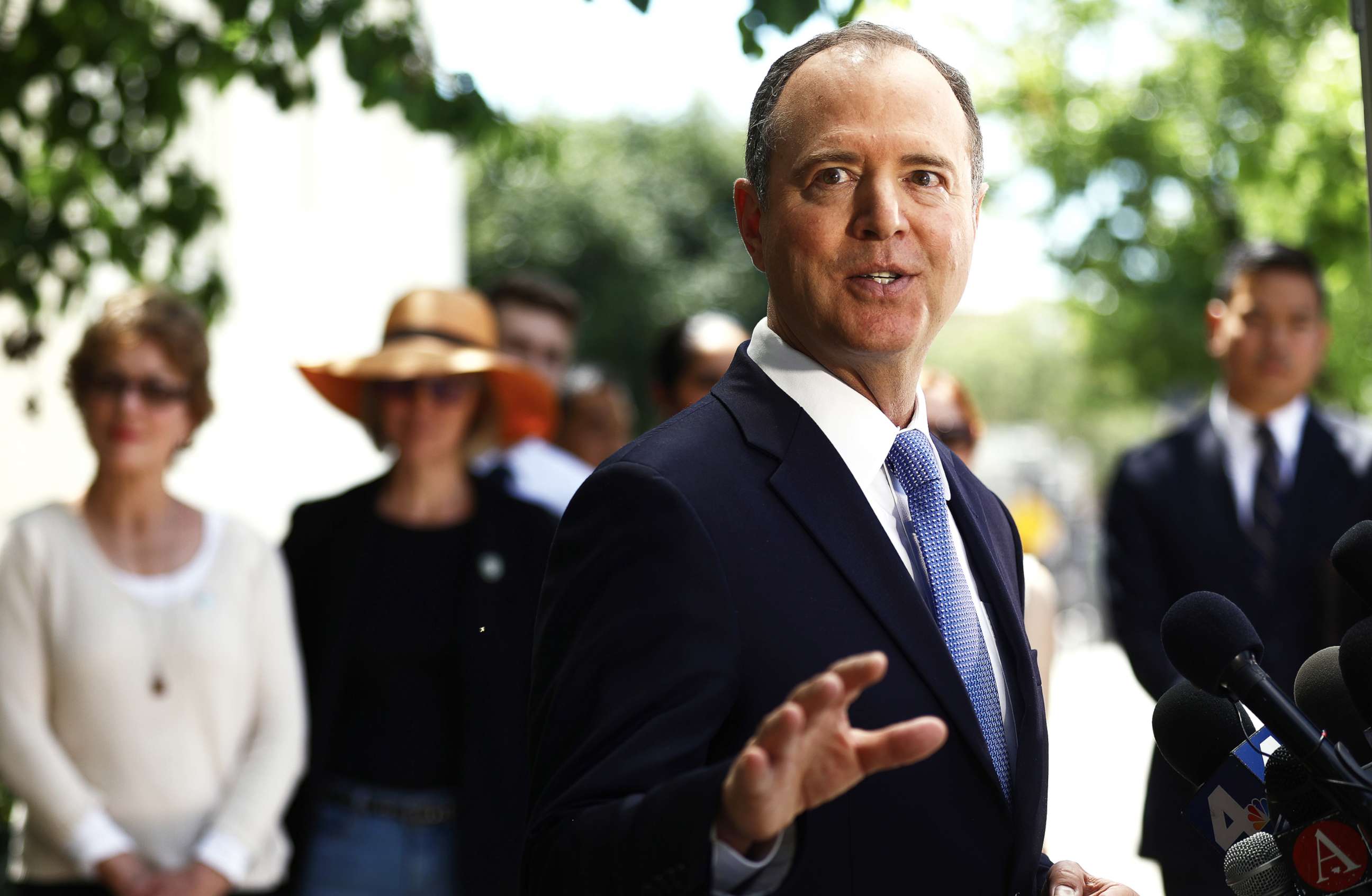 PHOTO: Chairman of the House Intelligence Committee Adam Schiff speaks at a press conference discussing release of the redacted Mueller report on April 18, 2019 in Burbank, Calif.