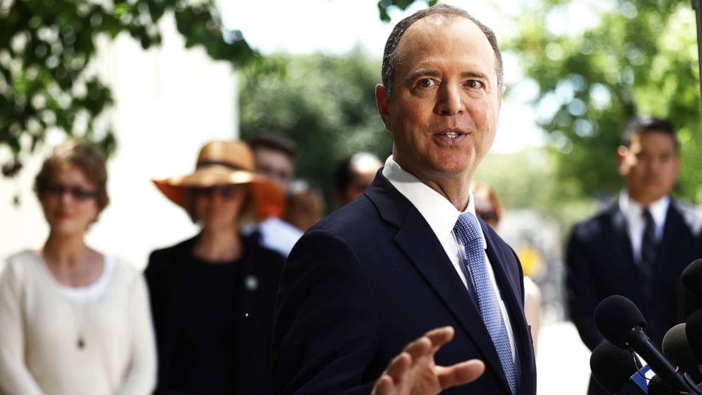 PHOTO: Chairman of the House Intelligence Committee Adam Schiff speaks at a press conference discussing release of the redacted Mueller report on April 18, 2019 in Burbank, Calif.