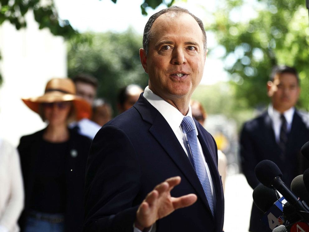 PHOTO: Chairman of the House Intelligence Committee Adam Schiff speaks at a press conference discussing release of the redacted Mueller report on April 18, 2019 in Burbank, Calif.