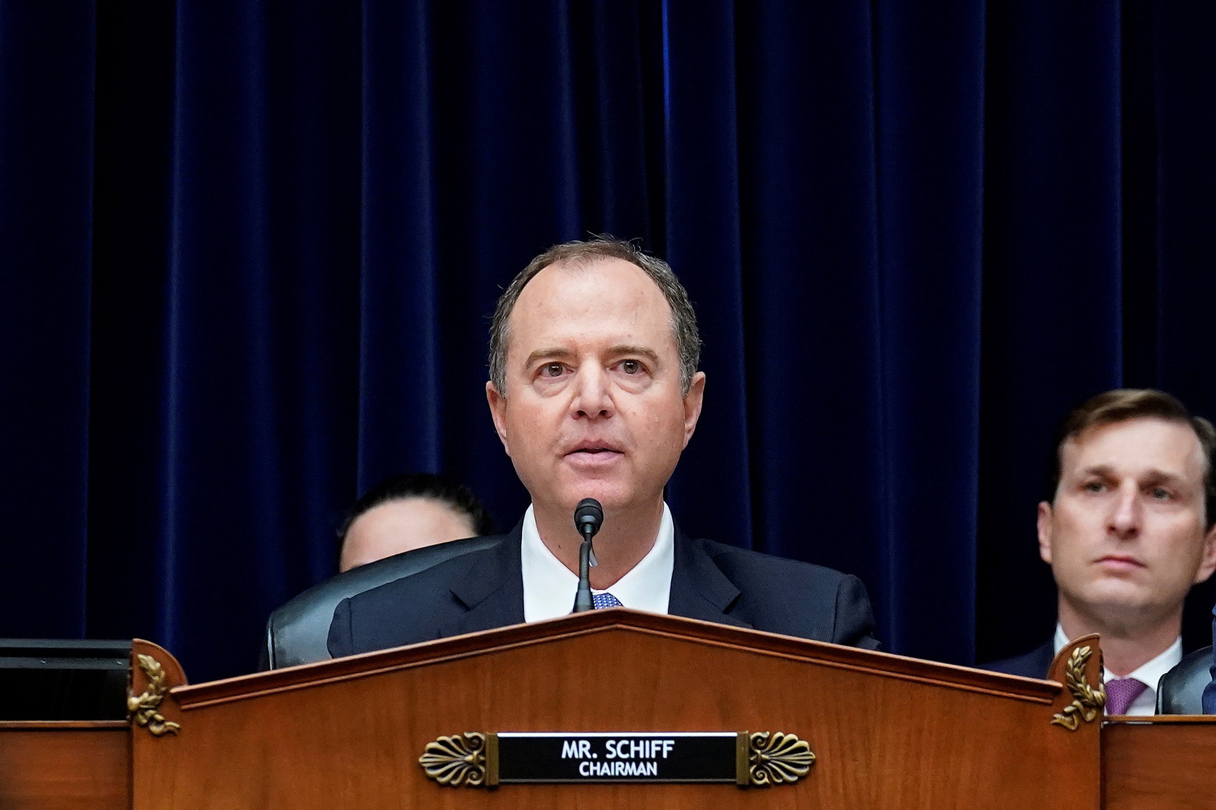 PHOTO: Committee Chair U.S. Representative Adam Schiff questions Acting Director of National Intelligence Joseph Maguire during his testimony before a House Intelligence Committee hearing on Capitol Hill in Washington, Sept. 26, 2019.