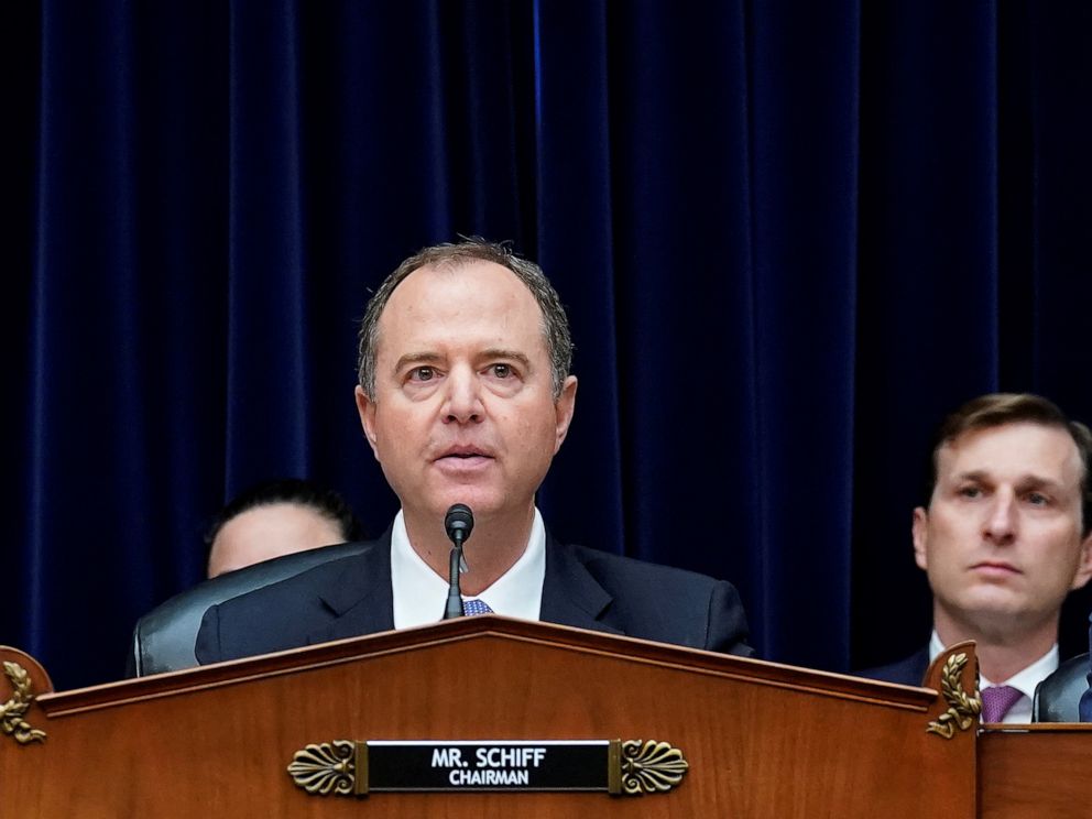 PHOTO: Committee Chair U.S. Representative Adam Schiff questions Acting Director of National Intelligence Joseph Maguire during his testimony before a House Intelligence Committee hearing on Capitol Hill in Washington, Sept. 26, 2019.