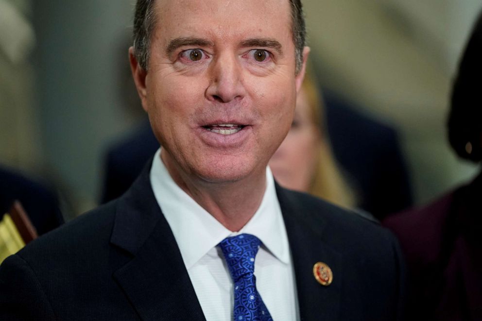 PHOTO: Rep. Adam Schiff, D-Calif., speaks to Capitol Hill reporters in Washington, Jan. 27, 2020.