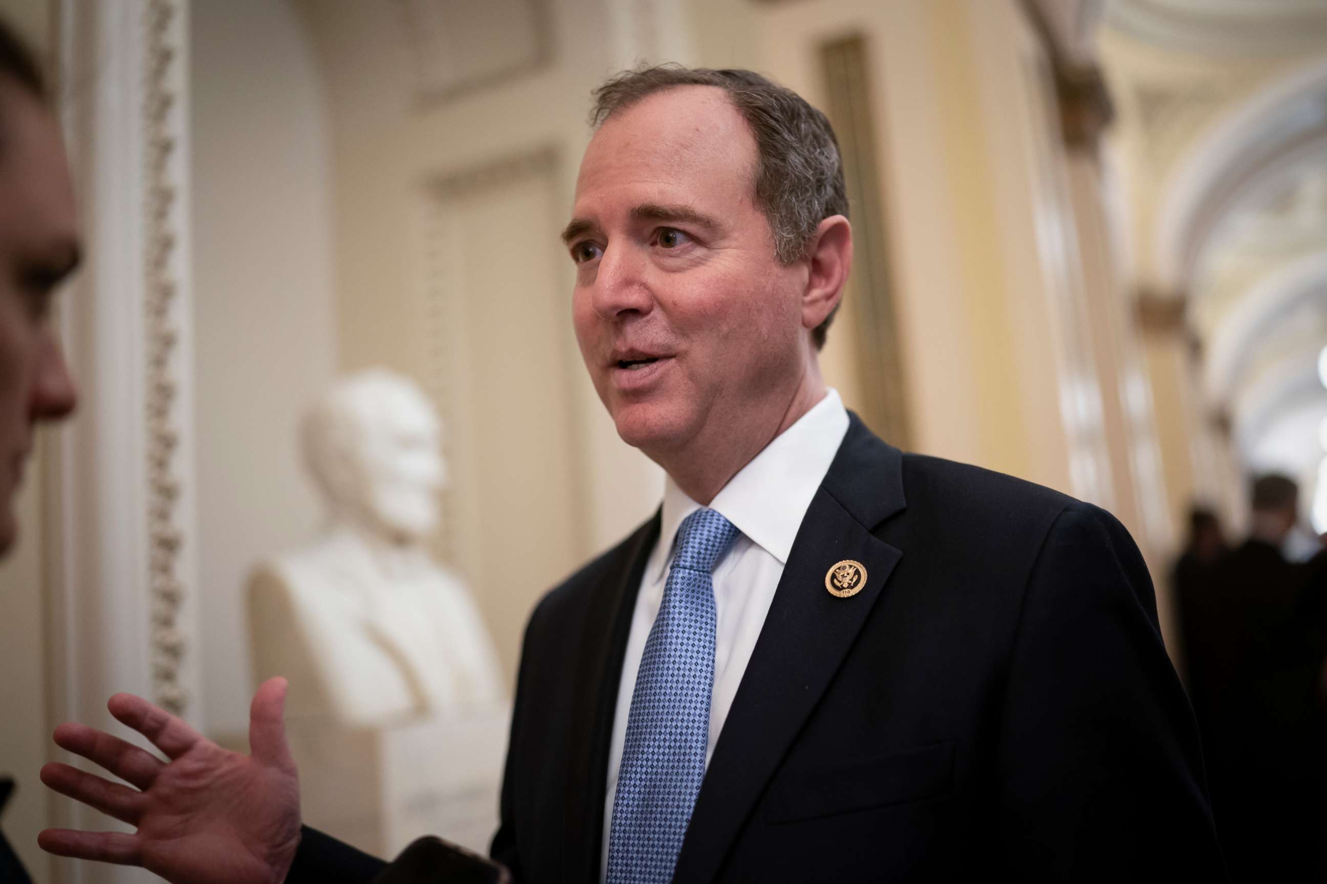 PHOTO: In this Tuesday, March 3, 2020, file photo, House Intelligence Committee Chairman Adam Schiff, D-Calif., talks to reporters as lawmakers work to extend government surveillance powers that are expiring soon, on Capitol Hill in Washington.