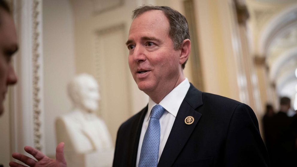 PHOTO: In this Tuesday, March 3, 2020, file photo, House Intelligence Committee Chairman Adam Schiff, D-Calif., talks to reporters as lawmakers work to extend government surveillance powers that are expiring soon, on Capitol Hill in Washington.