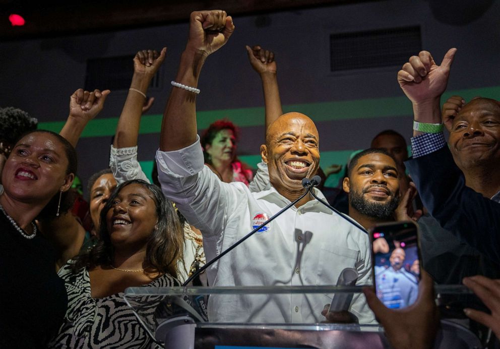 PHOTO: New York City mayoral candidate Eric Adams speaks during his election night party, June 22, 2021, in Brooklyn, N.Y.