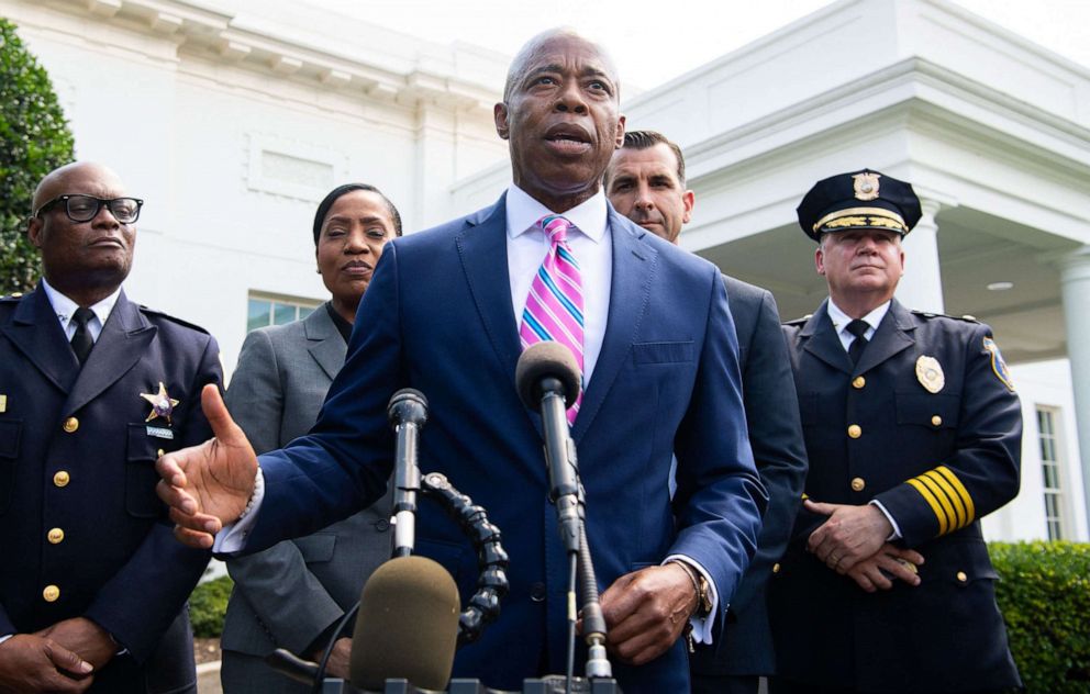 PHOTO: Brooklyn Borough President and New York City mayoral candidate Eric Adams speaks to the media alongside other local and law enforcement officials outside the West Wing of the White House, July 12, 2021.