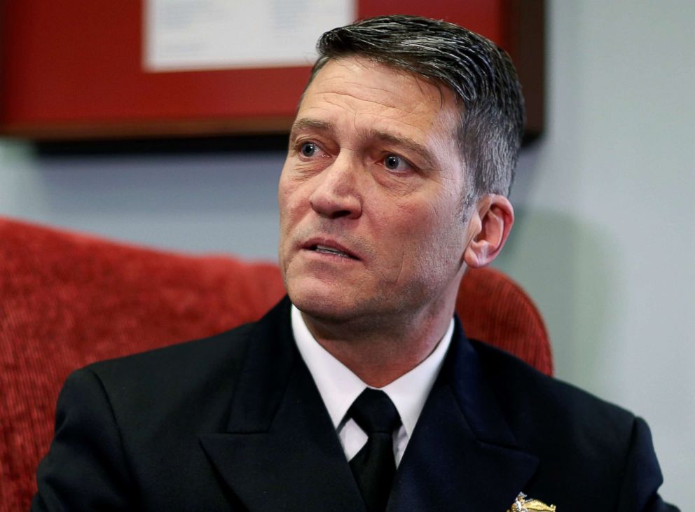 PHOTO: President Trump's nominee to be Secretary of Veterans Affairs, Navy Rear Adm. Ronny Jackson, meets with Senator Jon Tester at his office on Capitol Hill in Washington, April 17, 2018.