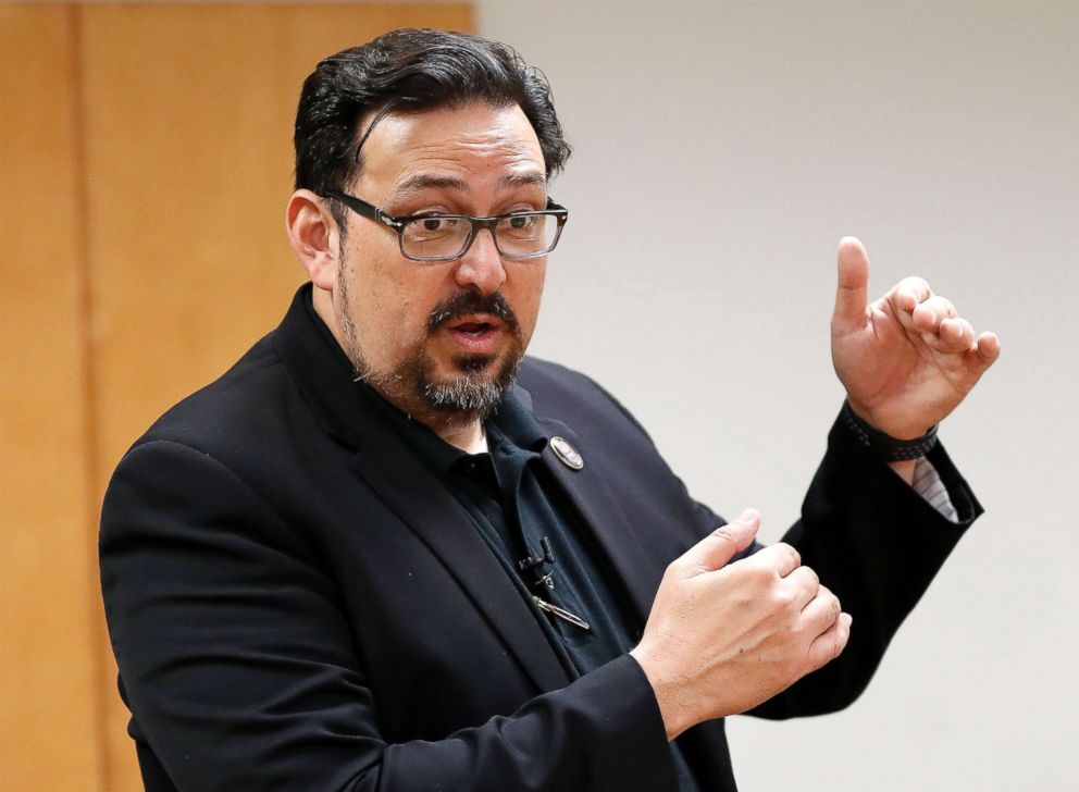 PHOTO: Maricopa County Recorder Adrian Fontes speaks at the Tabulation and Election Center, Nov. 6, 2018, in Phoenix.