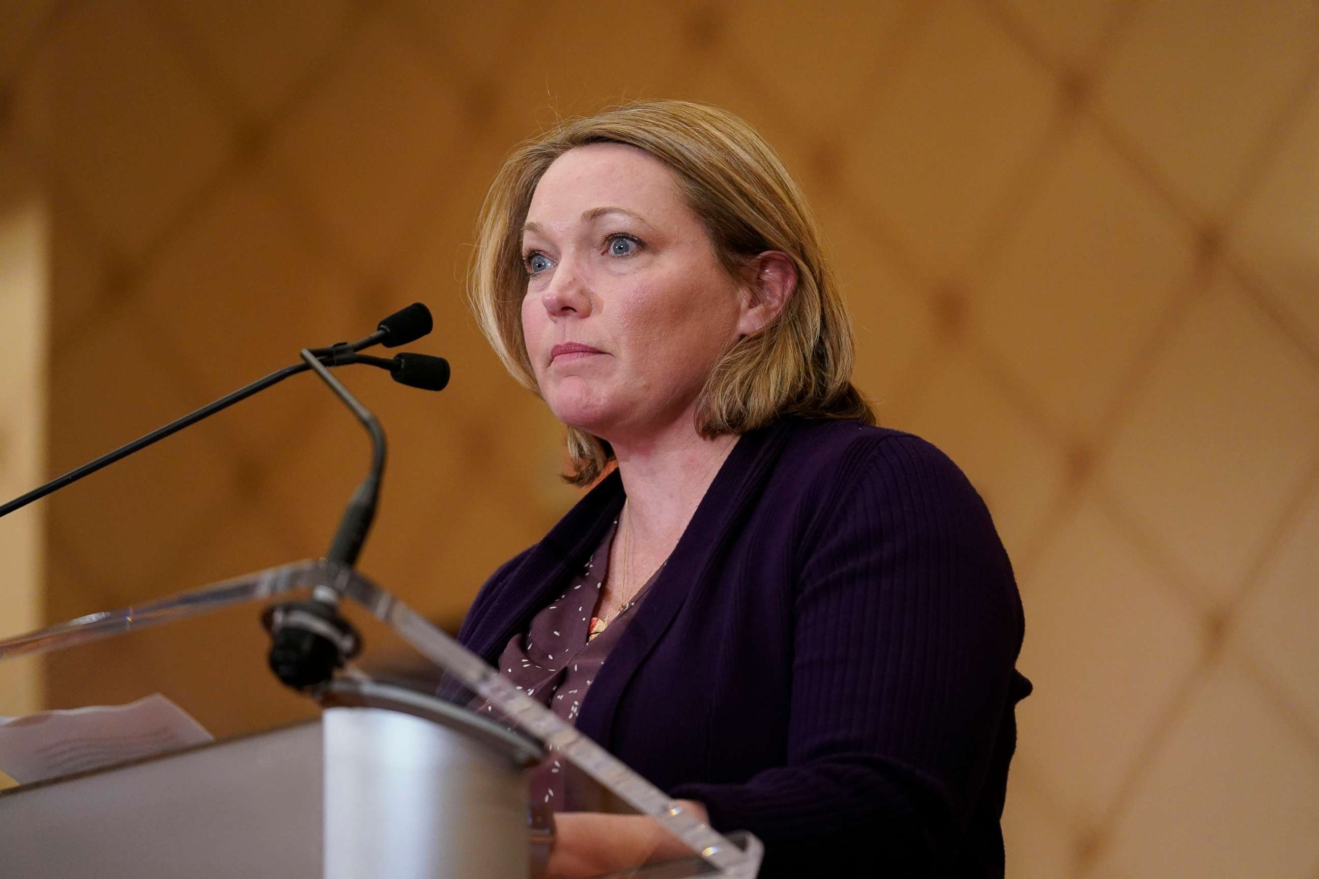 PHOTO: Nicole Hockley, mother of Dylan Hockley, who was killed in the Sandy Hook Elementary School shooting, speaks during a news conference in Trumbull, Conn., Feb. 15, 2022.