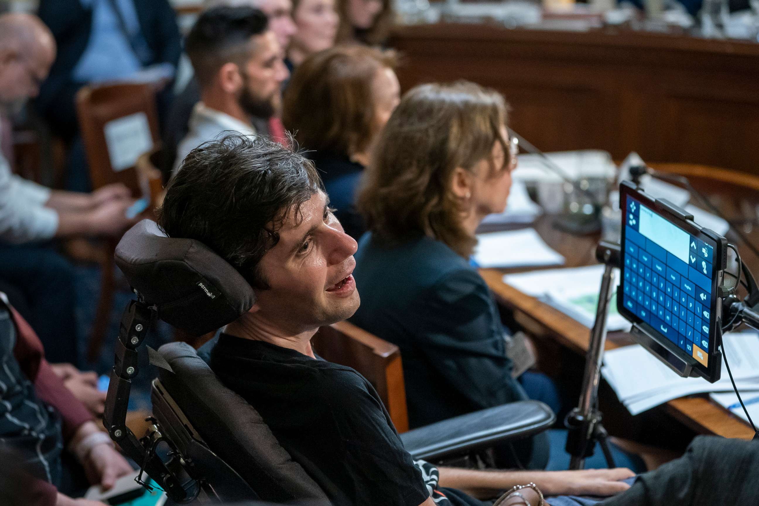 PHOTO: Ady Barkan, a high-profile health care activist who suffers from ALS, testifies before the House Rules Committee at a hearing on a "Medicare for All" bill for government-provided health care, on Capitol Hill in Washington, April 30, 2019.