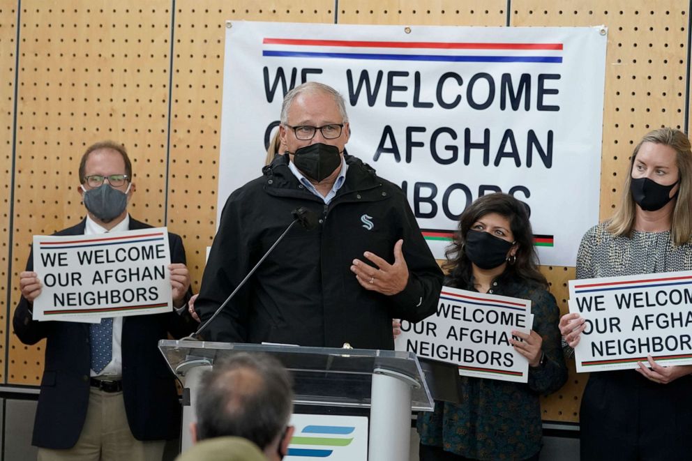 PHOTO: Washington Gov. Jay Inslee speaks Friday, Oct. 22, 2021, during a news conference at the Afghan Welcome Center at the Seattle-Tacoma International Airport in Seattle.