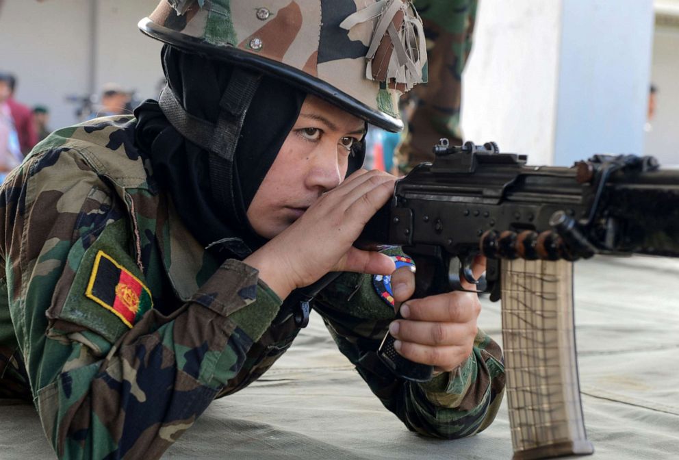 PHOTO: An Afghan woman army cadet shoots a target during a practice session in Chennai, Dec. 19, 2018. Nineteen female Afghan army cadets took part in the Indian military training program.