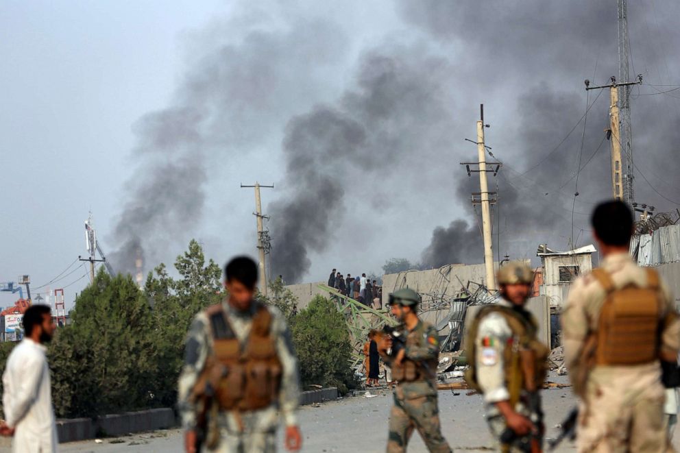 PHOTO: Smoke billows from the Green Village, home to several international organizations and guesthouses, in Kabul, Afghanistan, Sept. 3, 2019.
