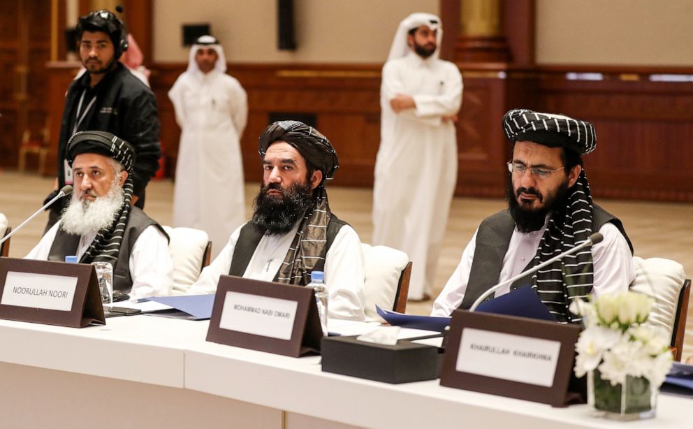 PHOTO: Noorullah Noori (center) and Mohammad Nabi Omari (right), members of the Taliban who were former prisoners held by the U.S. at Guantanamo Bay attend the Intra Afghan Dialogue talks in Doha, Qatar, July 7, 2019. 