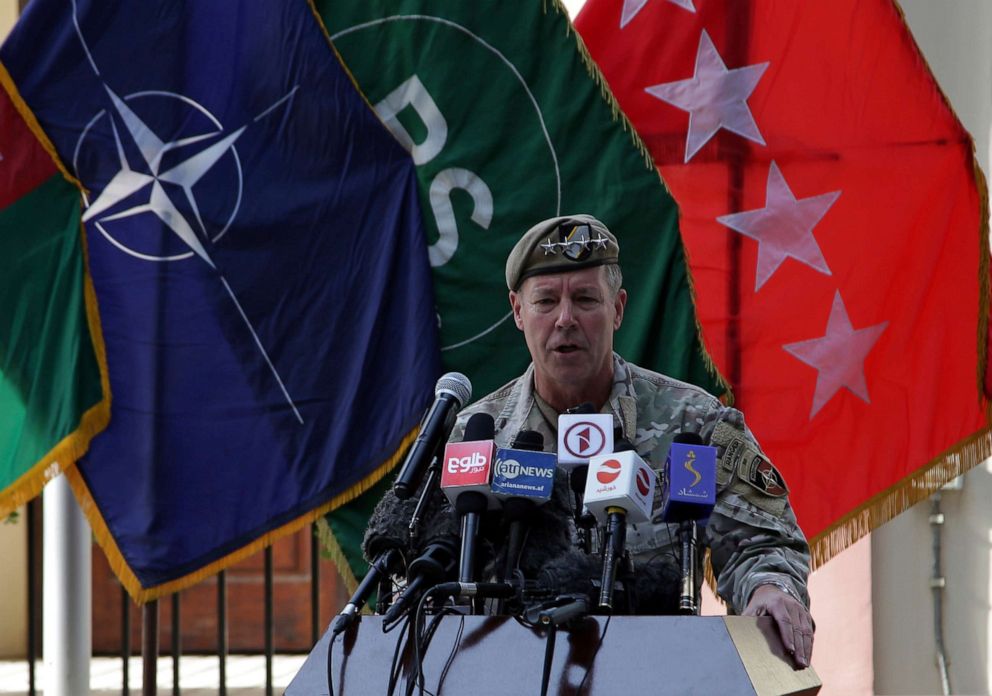 PHOTO: Army Gen. Scott Miller, the top U.S. commander in Afghanistan, speaks at a ceremony where he relinquished his command, at Resolute Support headquarters, in Kabul, Afghanistan, July 12, 202