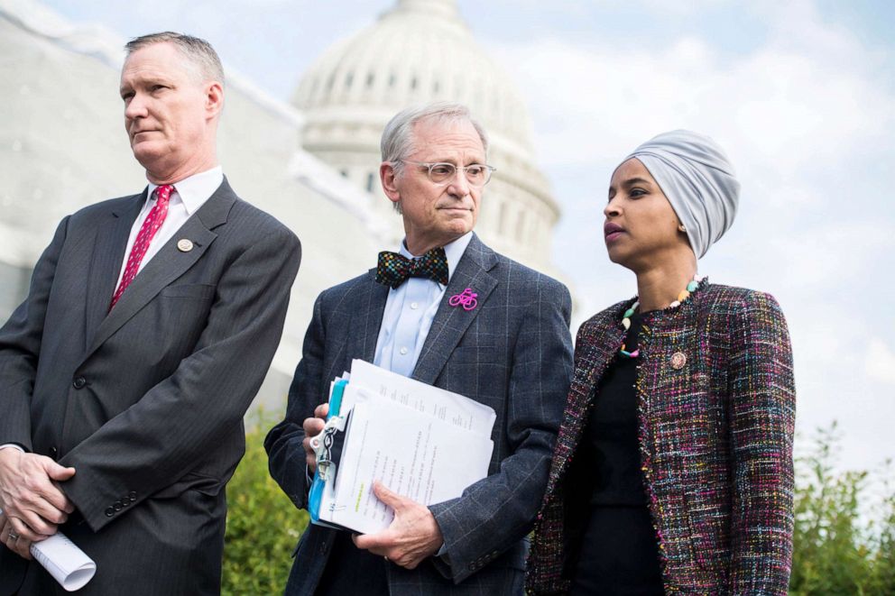 PHOTO: Reps. Steve Stivers, Earl Blumenauer, and Ilhan Omar, attend a news conference at the House Triangle on legislation to create special immigrant visas for Iraqi and Afghan wartime translators, May 16, 2019. 