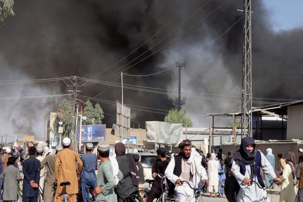 PHOTO: Smoke rises after fighting between the Taliban and Afghan security personnel in the city of Kandahar, southwest of Kabul, Afghanistan, Aug. 12, 2021.