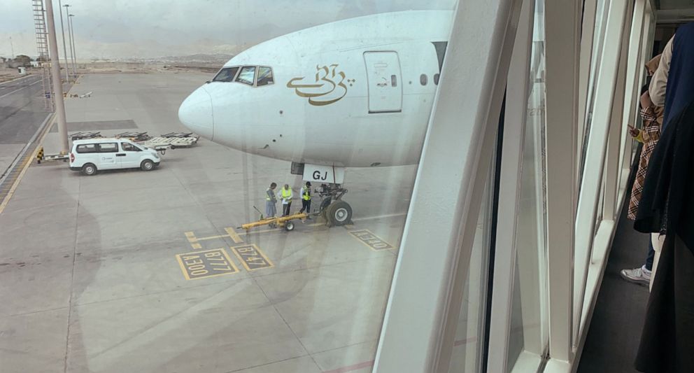 PHOTO: A Qatar Airways flight prepares to take off from Kabul on Oct. 22, 2021.