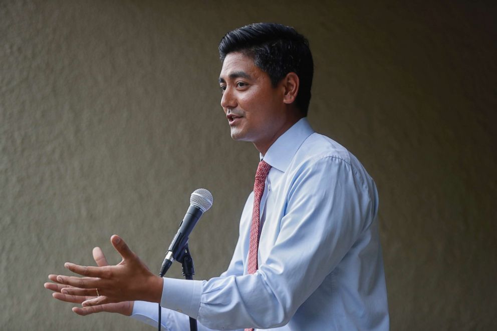 PHOTO: Hamilton County Clerk of Courts Aftab Pureval speaks during the "Women for Aftab" advocacy group kickoff event in support of Pureval's 1st House District challenge to veteran Republican Rep. Steve Chabot, June 13, 2018, in Cincinnati.