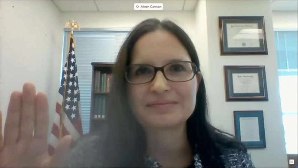 PHOTO: In this July 29, 2020, file photo, Aileen Cannon affirms her oath as she testifies remotely before the Senate Committee on the Judiciary in Washington, D.C., on her nomination to be US District Judge for the Southern District of Florida.