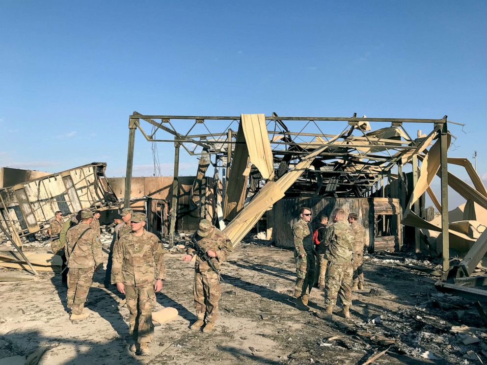 PHOTO: U.S. soldiers inspect the site where an Iranian missile hit at Ain al-Asad air base in Anbar, Iraq, Jan. 13, 2020.