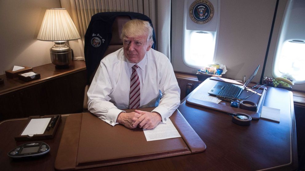 PHOTO: President Donald Trump in his office aboard Air Force One at Andrews Air Force Base in Maryland after he returned from Philadelphia on Jan. 26, 2017.