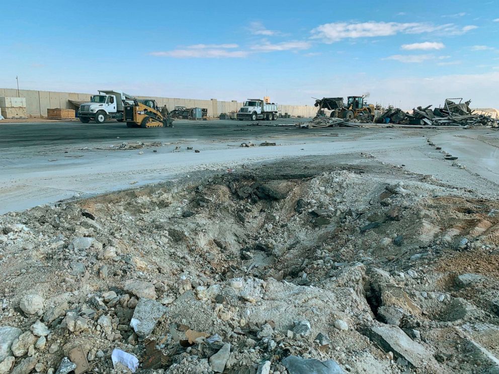 PHOTO: In this Jan. 13, 2020 file photo, Iranian bombing caused a crater at Ain al Asad air base in Anbar, Iraq.