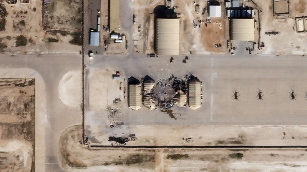 PHOTO: This Jan. 8, 2020, satellite image released by Planet Labs Inc., reportedly shows damage to the Ain al-Asad airbase housing U.S. forces in western Iraq, after being hit by rockets from Iran.