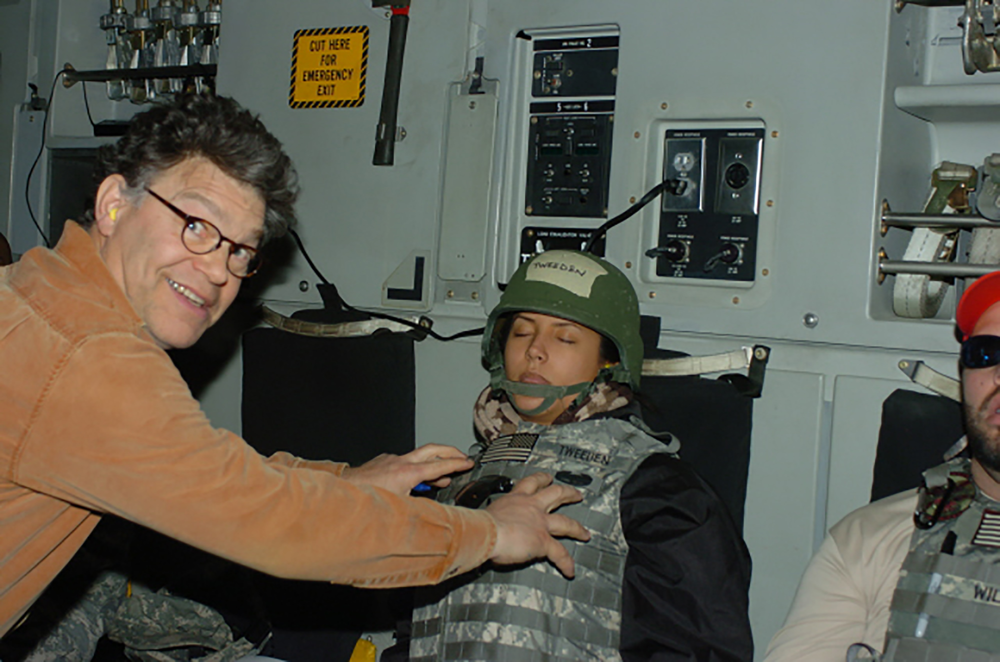 PHOTO: Leeann Tweeden posted this photo online that she says was taken while she was asleep on a flight back from a 2006 USO trip. She says it shows then-comedian Al Franken, who is now a U.S. Senator, groping her.