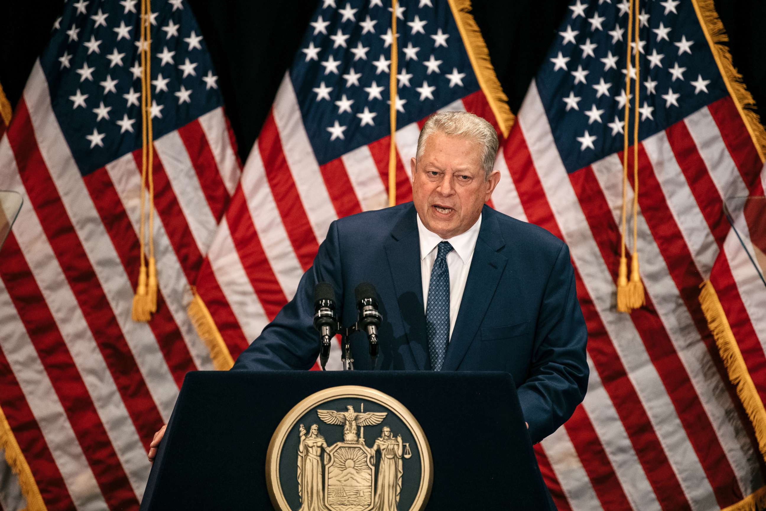 PHOTO: Former Vice President Al Gore delivers a speech on the importance of renewable energy, minutes before the Governer signed the Climate Leadership and Community Protection Act at Fordham Law School in Manhattan, July 18, 2019.