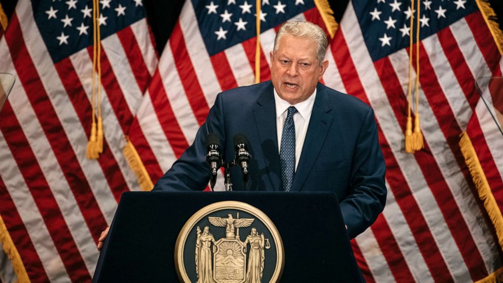 PHOTO: Former Vice President Al Gore delivers a speech on the importance of renewable energy, minutes before the Governer signed the Climate Leadership and Community Protection Act at Fordham Law School in Manhattan, July 18, 2019.