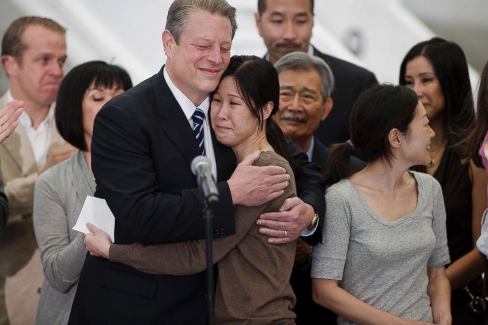 PHOTO: Freed journalists Laura Ling and Euna Lee are welcomed by former vice-president Al Gore after they arrived from North Korea at the airport in Burbank, Calif. with former U.S. president Bill Clinton on Aug. 5, 2009.
