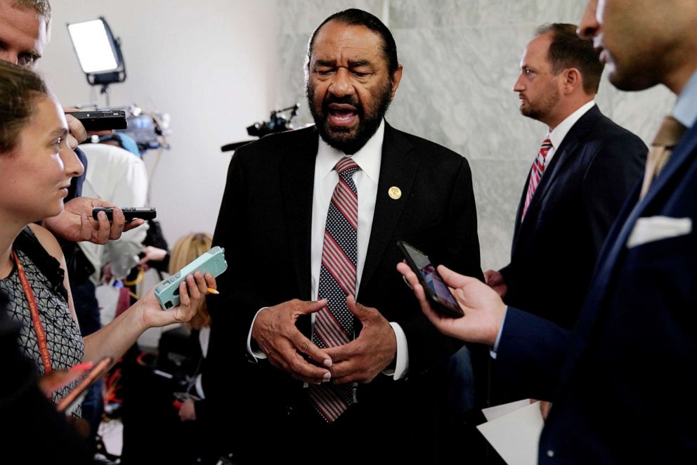 PHOTO: Rep. Al Green speaks with reporters following Former Special Counsel Robert Mueller testifying before a House Judiciary Committee hearing on Capitol Hill in Washington, July 24, 2019.