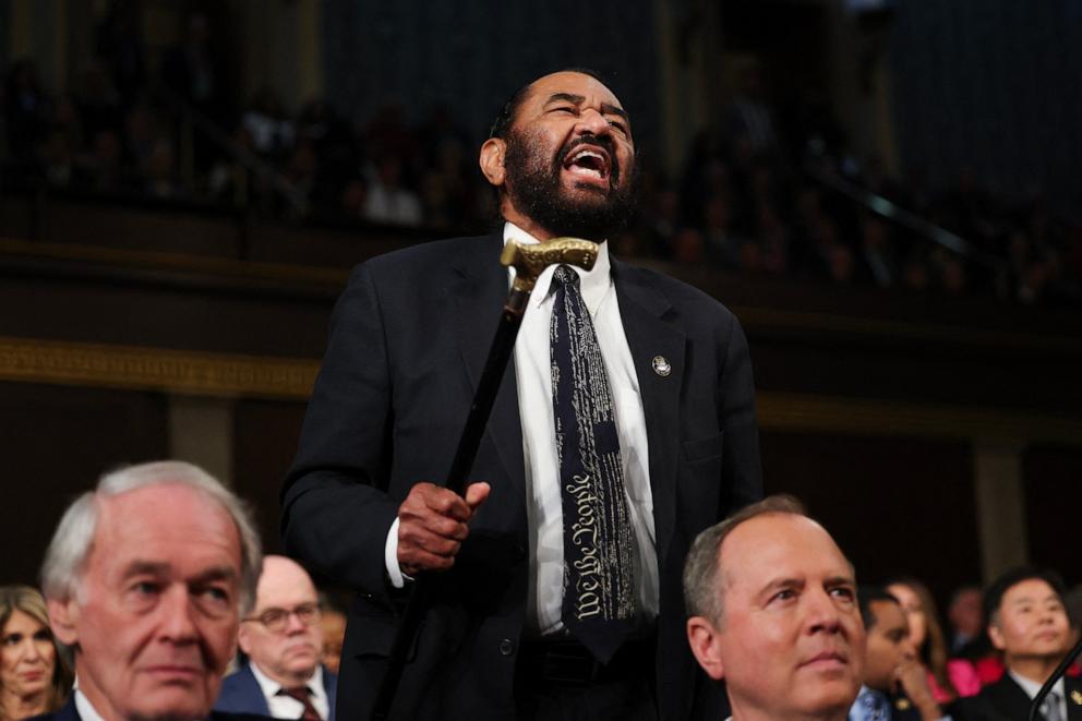 PHOTO: Representative Al Green (D-TX) shouts out as US President Donald Trump speaks during an address to a joint session of Congress at the US Capitol in Washington, DC, on March 4, 2025.