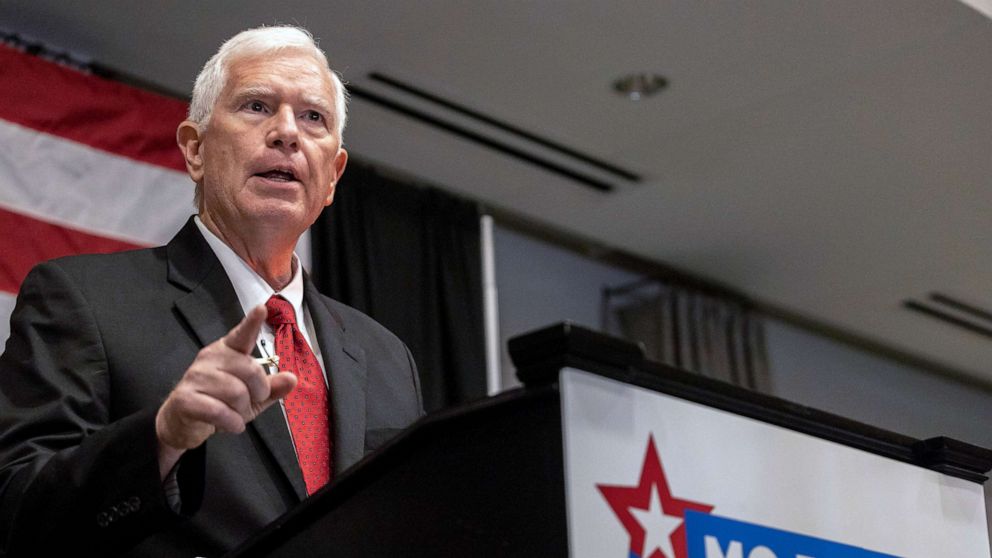 PHOTO: Mo Brooks speaks to supporters at the Huntsville Botanical Gardens, May 24, 2022, in Huntsville, Ala. Brooks is running to be the GOP nominee for the senate seat being vacated by 88-year-old Republican Sen. Richard Shelby.