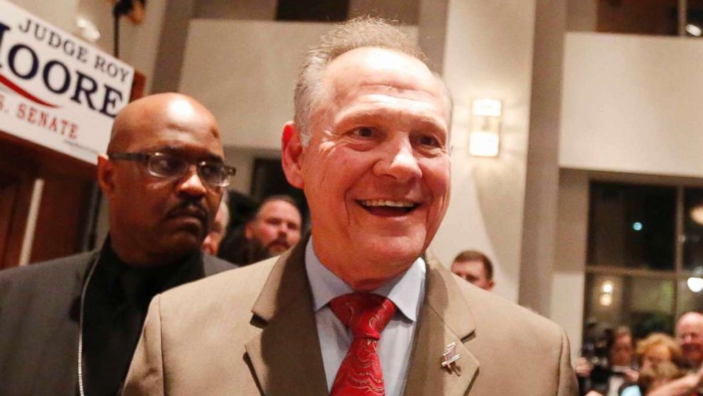 PHOTO: Senate candidate Roy Moore greets supporters during an election-night watch party at the RSA activity center, Dec. 12, 2017, in Montgomery, Ala.