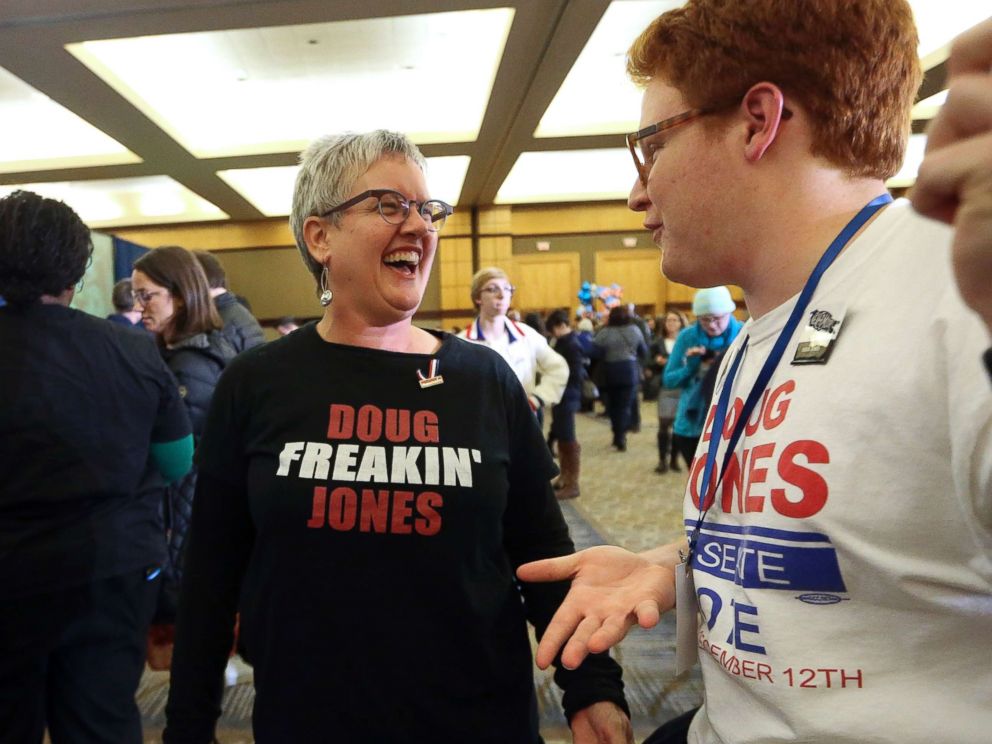 PHOTO: Frannie James talks with Connor Welch during an election-night watch party for Democratic candidate for U.S. Senate Doug Jones, Dec. 12, 2017, in Birmingham, Ala.